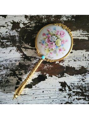 Small Vintage Limoges Porcelain Pocket Mirror Floral Design And Gold Handle